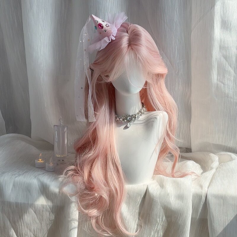 [Rose Rose Powder] Pink Medium-Parted Long Curly Hair New Dreamy Pink Elegant Female Group Natural Fluffy Full Headgear