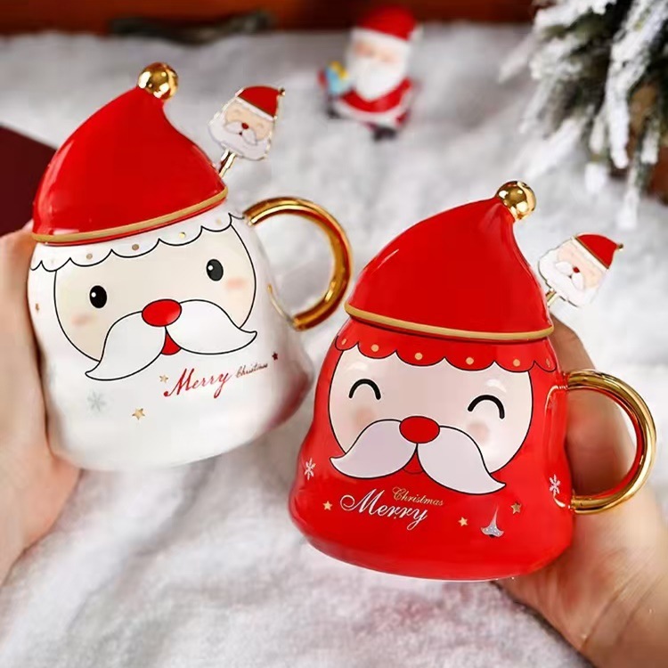 Creativo Navidad sombrero regalo taza de oro mango ancianos personalidad cerámica café con tapa cuchara Estilo nórdico agua