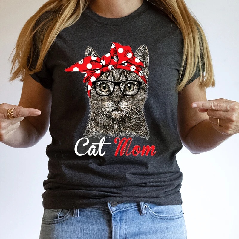Funny Cat Mom Shirt for Cat Lovers Mother's Day Gift Printed T-Shirt Short Sleeve Crew Neck Casual Top