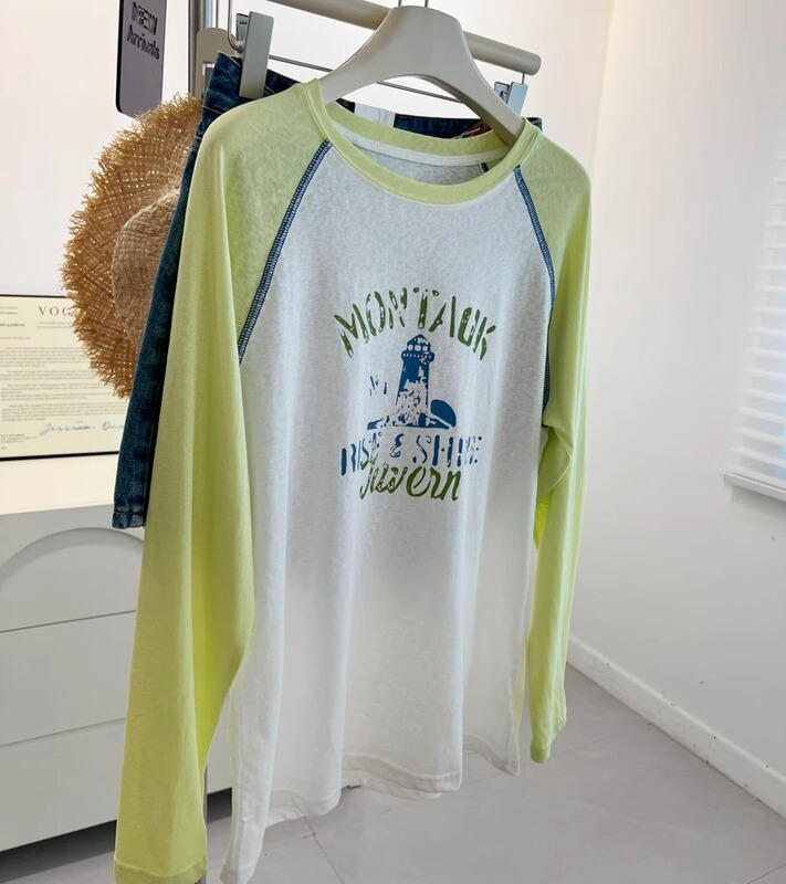 アメリカンレトロなダメージレタープリントラウンドネックラグランスリーブ長袖Tシャツレディースゆったり怠惰な薄い日焼け止めシャツ夏|undefined