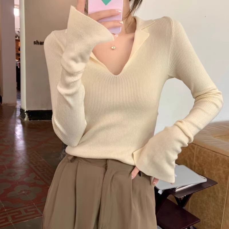 High-End Threaded Polo Lapel Knitted Sweater for Women Spring and Autumn V Neck French Inner Long-Sleeved Bottoming Shirt Top