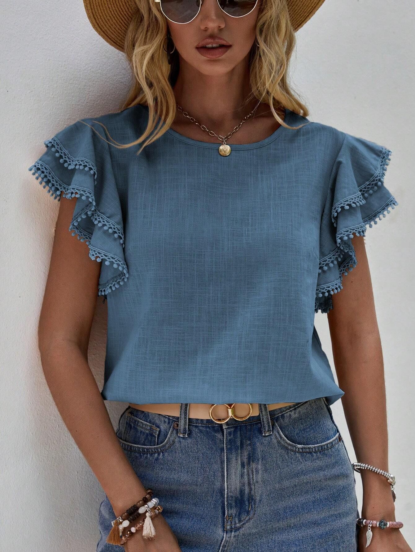 238g Weight Short Sleeve Sleeve Length Pullovers Placket Type Flounce Sleeve Sleeve Type Polyester Fabric Type Regular Top Length T-shirt Tops Type Holiday, Daily Occasion Round Neck Neckline Loose Fit Type Solid Color Pattern Summer Season Women's Gender Button Design Casual, Elegant Style Wholesale Women's Casual Elegant Solid Color Short Sleeve Button Blouses 1