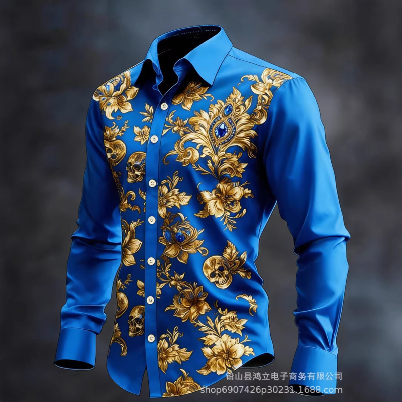New Men's Long-Sleeved Shirt with Gold Clover Pattern, Fashionable and Luxurious Long-Sleeved Shirt Top