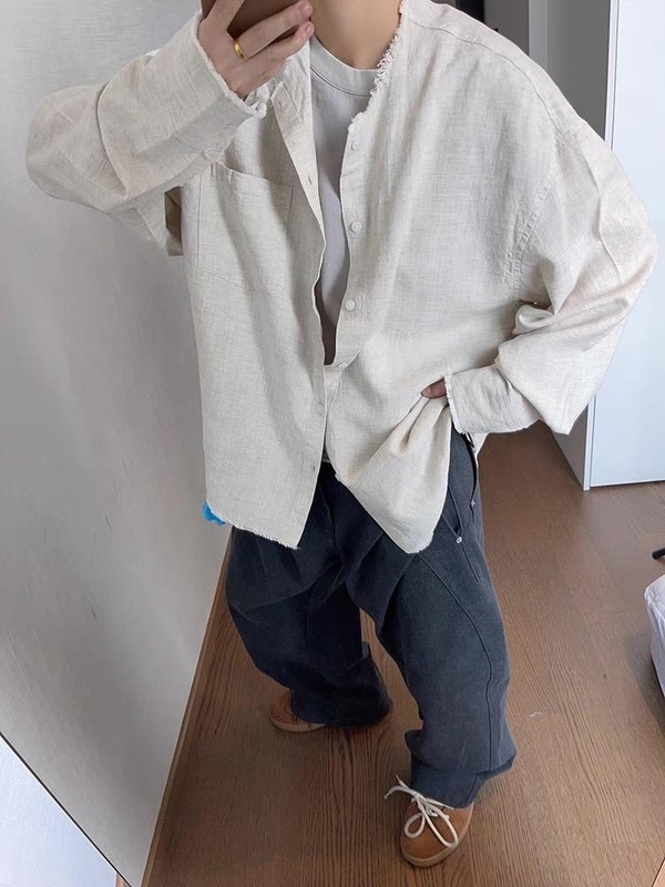 绿色复古毛边亚麻衬衫男夏季薄款慵懒风长袖衬衣cleanfit防晒外套|undefined