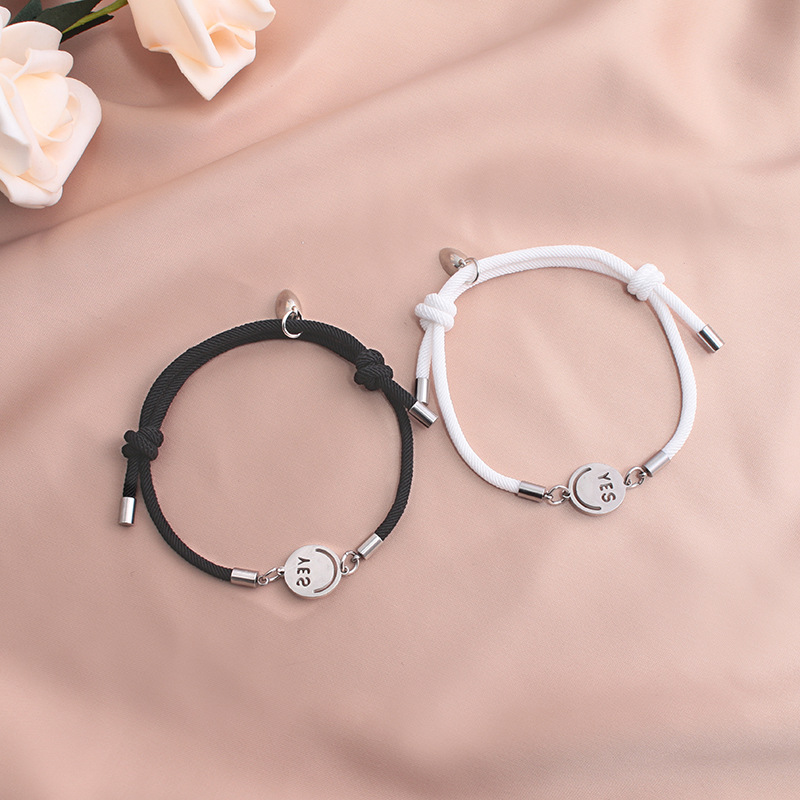 fashion stainless steel smiley geometric magnet couple bracelet