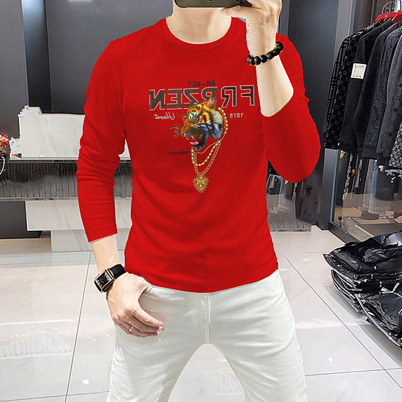 2024 Fashion Men's Spring Autumn Long Sleeve T-Shirt Tiger Head Rhinestone Men's Bottoming Shirt Round Neck Top Tees Breathable Trendy Shirt_voghion.com