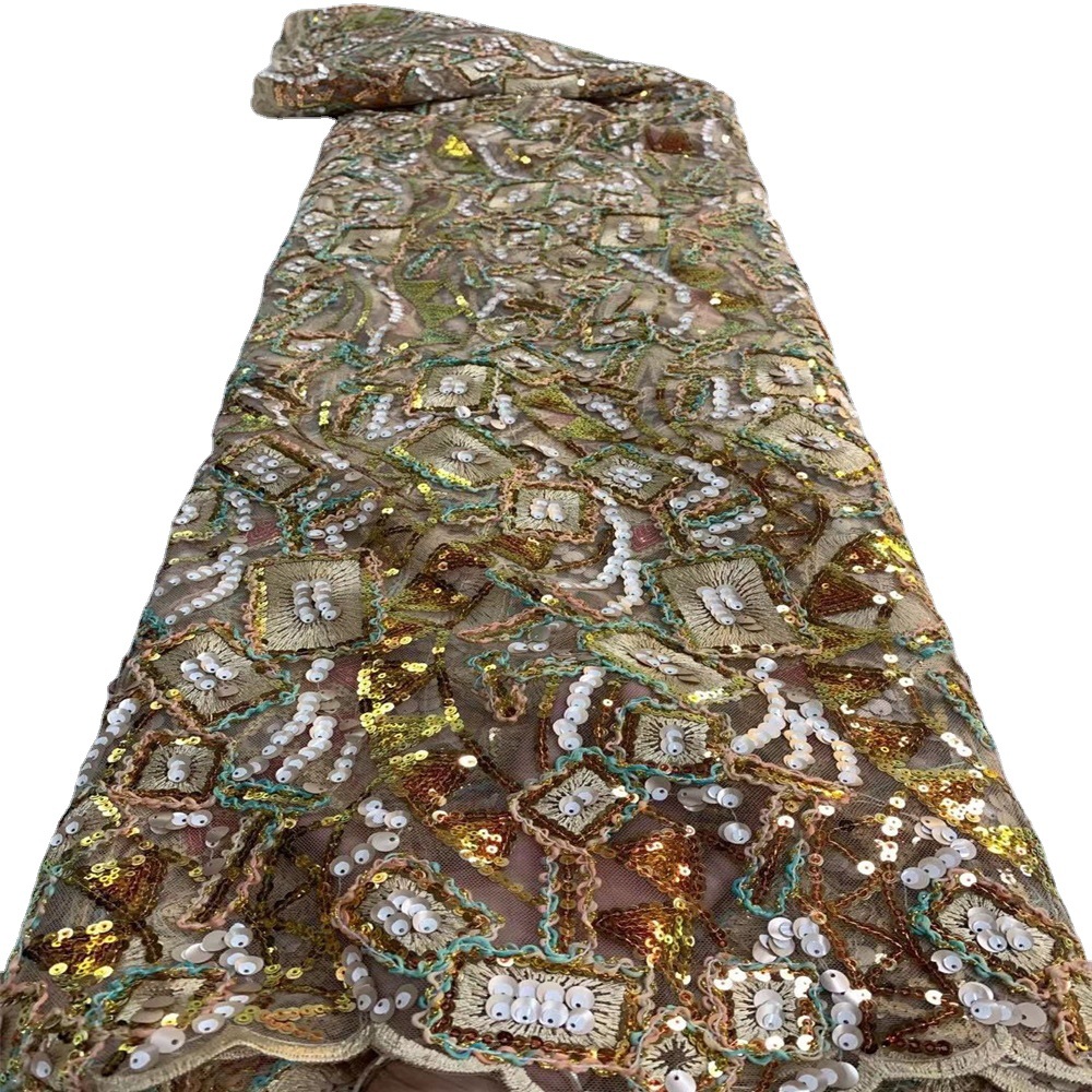 多边形绳绣婚纱礼服亮片蕾丝网刺绣Handmade beaded lace fabric