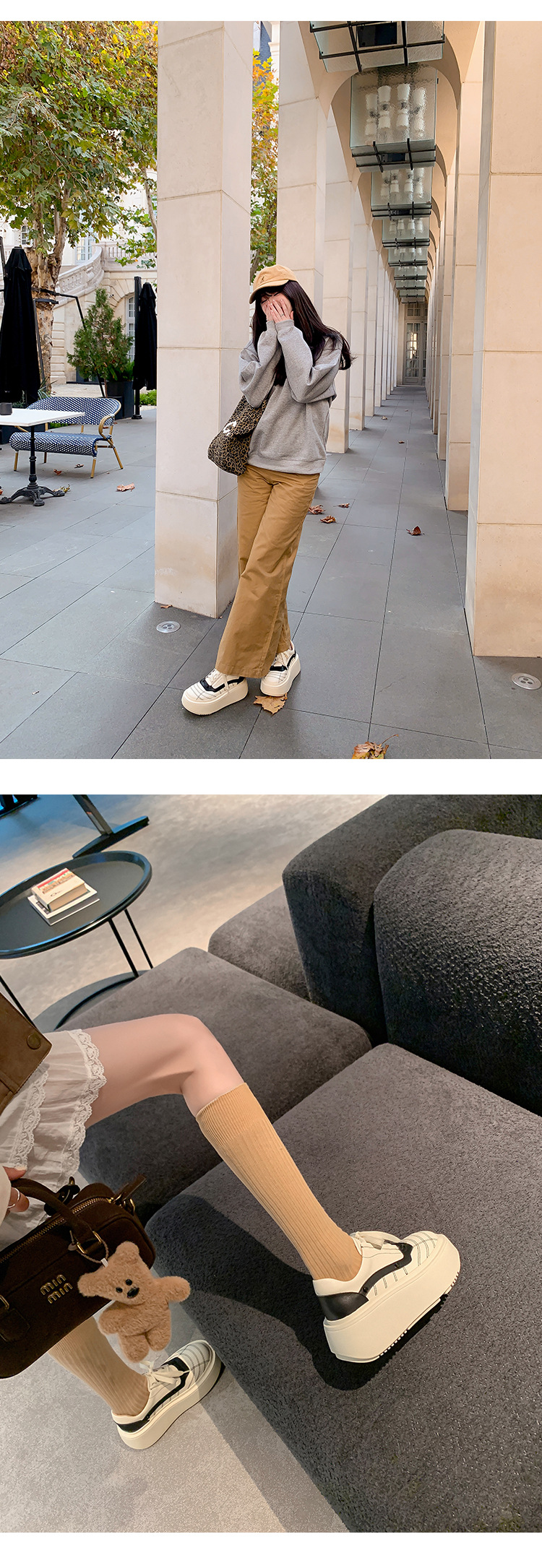 Giày sneaker nữ đế dày da bò phối màu dây buộc phong cách thể thao — màu đen chi tiết 8
