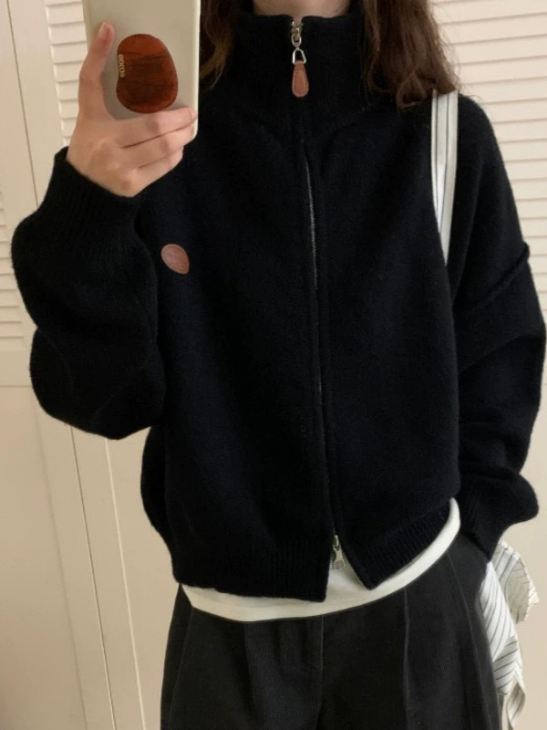 慵懒风立领双拉链针织开衫女秋冬新款宽松百搭短款高级感毛衣外套|undefined