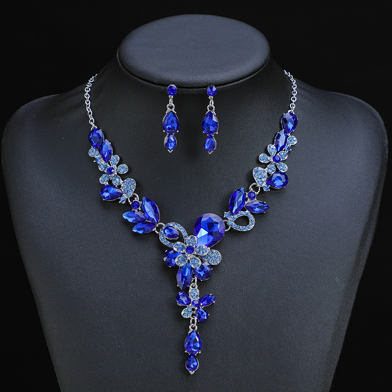 Collana e orecchini da donna, set da due pezzi, fiore, cristallo, doppio strato floreale_voghion.com