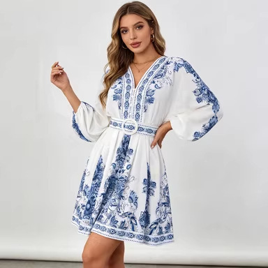 2026 European and American Style Cross-Border Women's Fashion Foreign Trade Dress with a High-End Feel, Bohemian Print Vacation Style Dress for Women