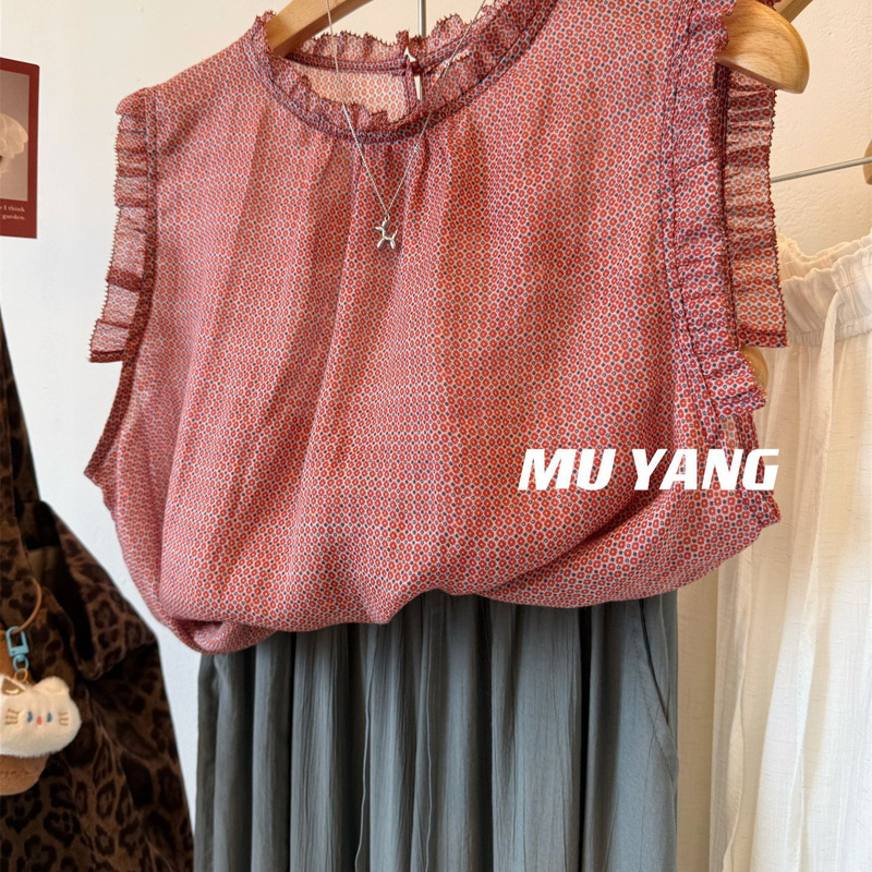 Guangzhou fabric plus size 115kg red small circle lace sleeveless ramie tank top women's Korean style thin shirt Guangzhou fabric plus size 115kg red small circle lace sleeveless ramie tank top women's Korean style thin shirt