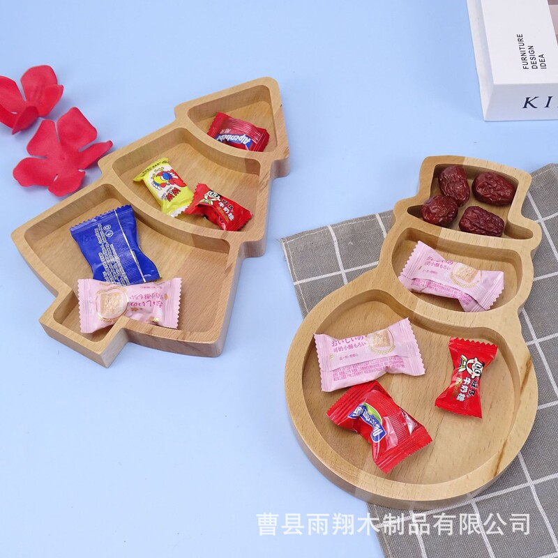 Christmas Household Desktop Wooden Dried Fruit Plate Christmas Tree Melon and Peanut Plate Wooden Snowman Shape snack plate