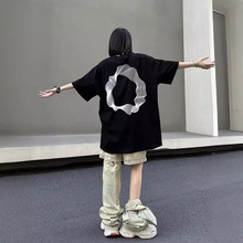 胖mm美式街头设计感几何印花小众高街黑色大码短袖t恤宽松情侣tee
