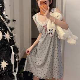 韩系灰色碎花睡裙女夏季带胸垫蕾丝边可外穿吊带裙