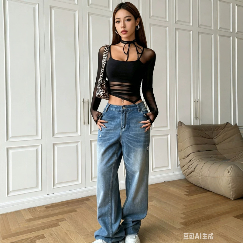 Cross-Border Long-Sleeved Slim-Fit T-Shirt for Women with Square Neck Design, Transparent Mesh Splicing, Asymmetrical Hem, Sexy Top
