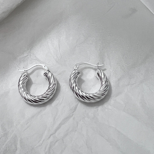 Korean Version 925 Pure Silver Heavy Carving Striped Earrings for Women, Simple and Fashionable Instagram Style Xiaohongshu Earrings Korean Earrings