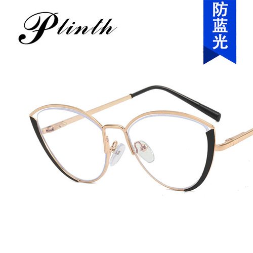  New Personalized Small Frame Cat Eye Optical Glasses Fashion Trendy Metal Anti-Blue Light Flat Mirrors European and American Cross-Border Ladies