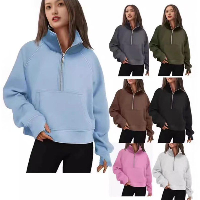 Spring and Autum European and American Raglan Sleeve Sweatshirt Women's Fleece Loose Jacket Half-Zip Shirt Stand Collar Export Long-Sleeved Sweatshirt