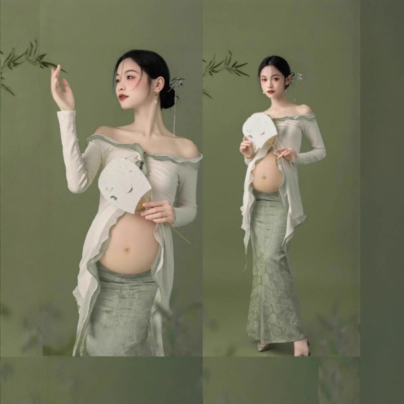Maternity Photo Clothing 2025 Photo Studio New Chinoiserie Retro Style Dress Pregnant Mother Photo Art Photo Clothing
