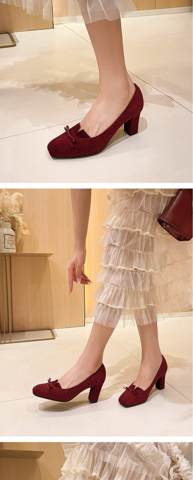 Giày cao gót nữ mũi vuông gót dày 6–8 cm thiết kế thanh lịch có nơ — màu kaki, màu nâu, rượu vang đỏ chi tiết 10