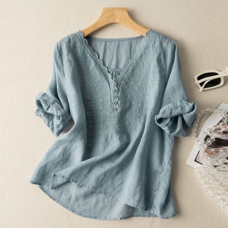2025 Summer Artistic Retro Linen Short-sleeved Shirt Elegant Embroidered V-neck Cotton Linen Top for Women