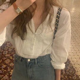 外贸 韩版宽松V领蕾丝拼接衫女2026春夏季洋气小衫显瘦泡泡袖上衣