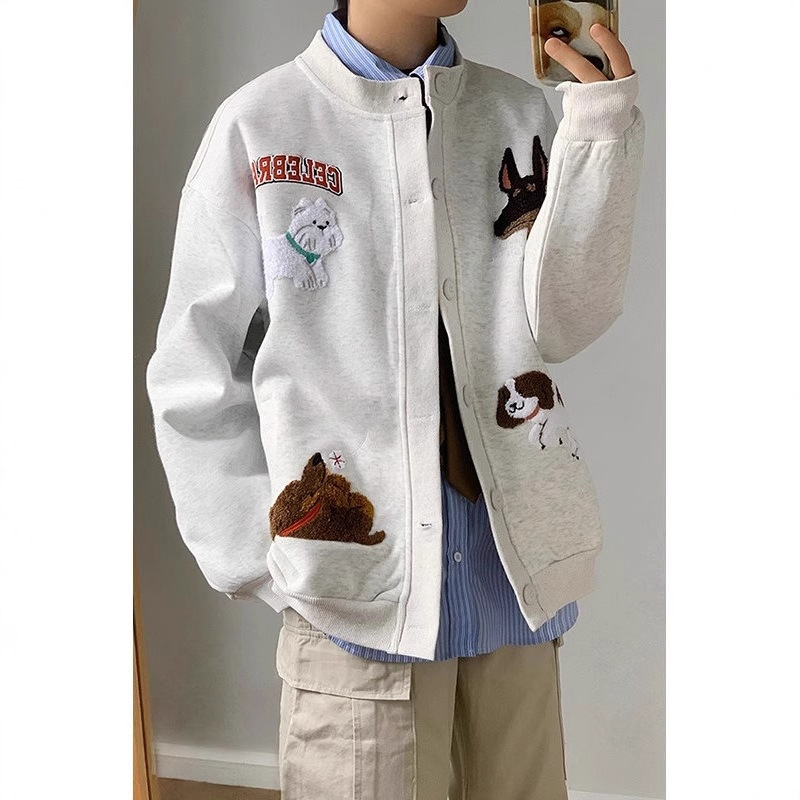 Cute Cartoon Puppy Towel Embroidered Sweatshirt Jacket Men's Trendy Loose Casual Lazy College Style Baseball Jacket