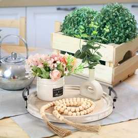 家用木质托盘圆形托盘带手柄茶壶盘古典木质蛋糕面包盘餐厅餐盘