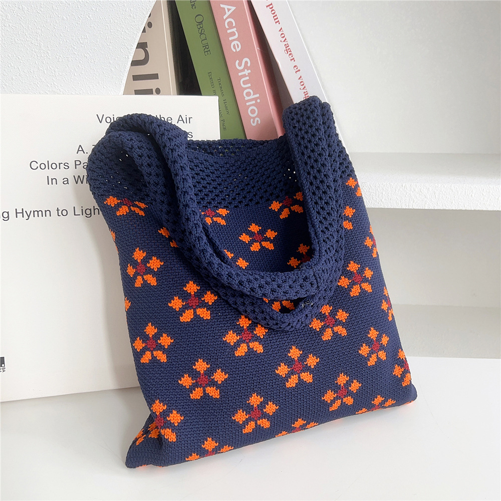 Medium Size Women's Medium Knit Flower Basic Classic Style Square Open Shoulder Bag