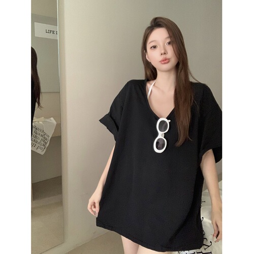 Missing Bottoms T-Shirt for Women - Spring and Summer New Arrival Vacation Style Loose U-Neck Short Sleeve Medium Length Pink Red Lazy Top