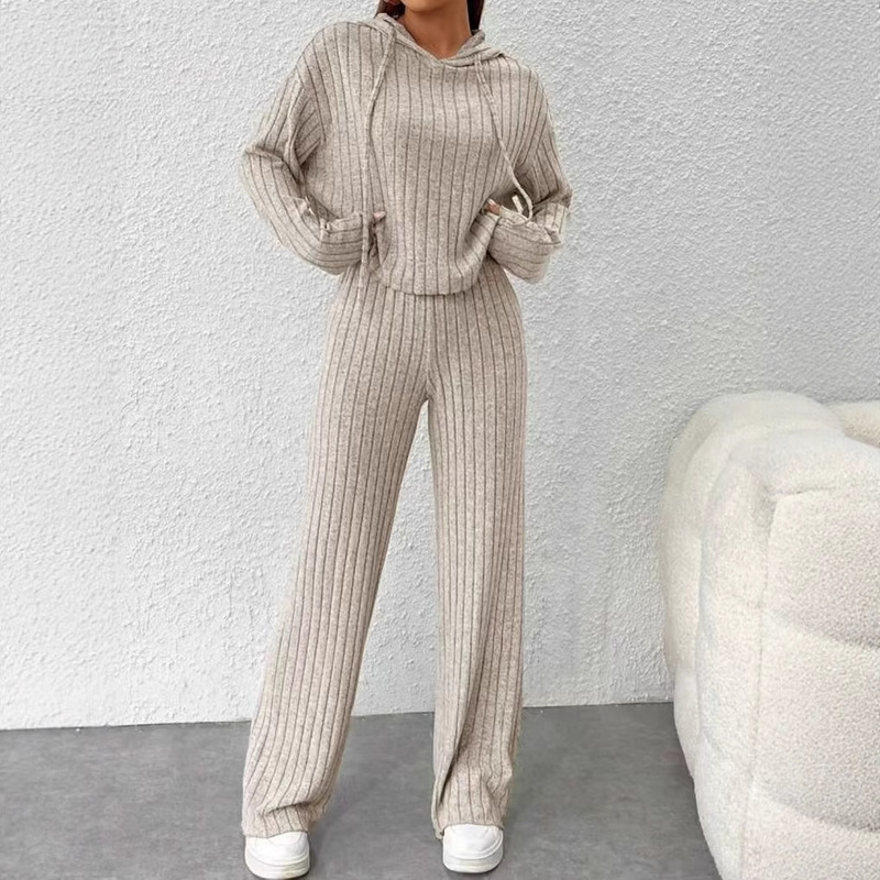 European and American Autumn and Winter 2023 Cross-Border Casual Knitted Long-Sleeved Suit Women's Export Hooded Sweatshirt Loose Pants Two-Piece Set European and American Autumn and Winter 2023 Cross-Border Casual Knitted Long-Sleeved Suit Women's Export Hooded Sweatshirt Loose Pants Two-Piece Set