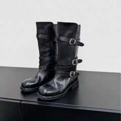 牛皮版~复古时尚圆头中筒机车靴女秋冬新款皮带扣显瘦套筒骑士靴
