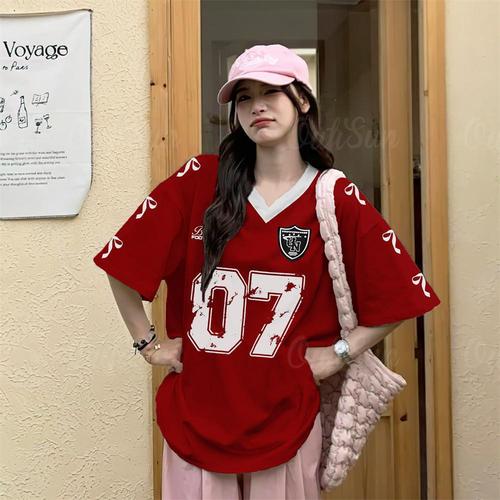 American-style high street casual sports baseball collar contrasting color short-sleeved long-sleeved T-shirt women's summer loose-fitting printed half-sleeved top