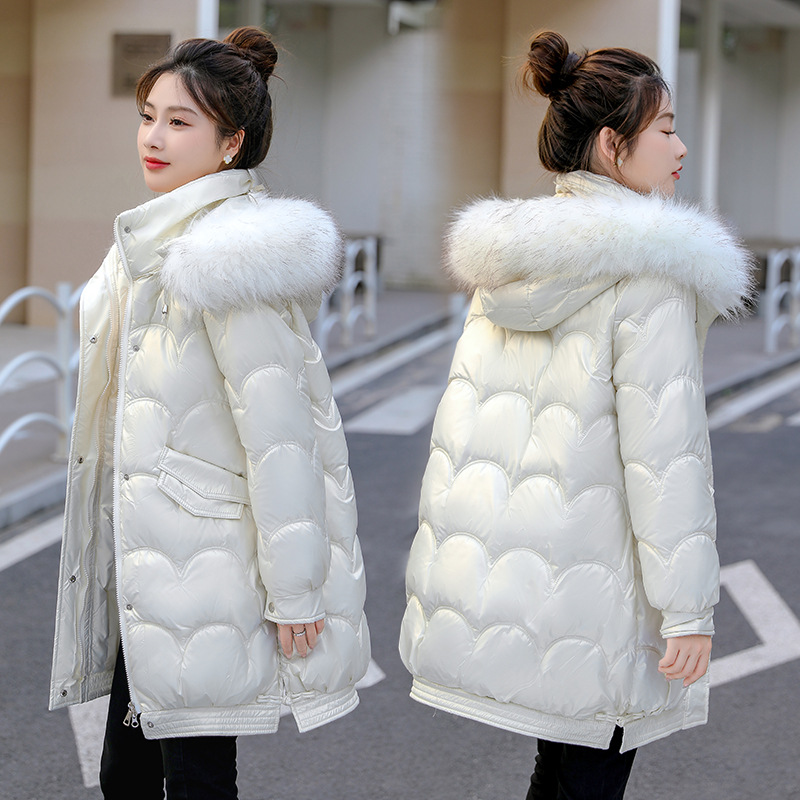 2024 invierno nuevo algodón mujer calentamiento coreano suelto sin lavado cara brillante plumón chaqueta de invierno media larga