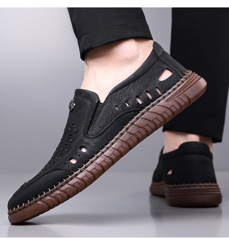 Dép sandal nam da dệt thoáng khí kiểu lười mũi vuông cỡ lớn — Màu kaki, Màu trắng, màu đen chi tiết 19