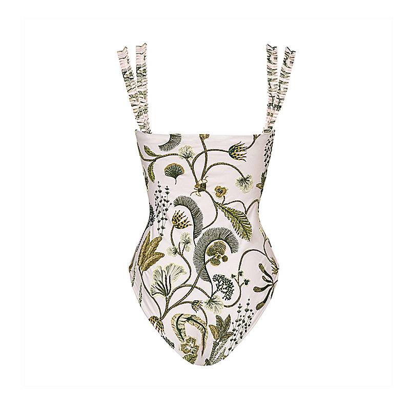 Slim Fit Type Women's Vacation Plant Solid Color 2 Pieces Set One Piece Swimwear