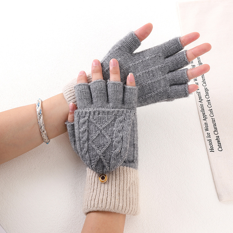 冬季保暖可触屏露指手套羊绒半指翻盖手套情侣针织提花保暖手套