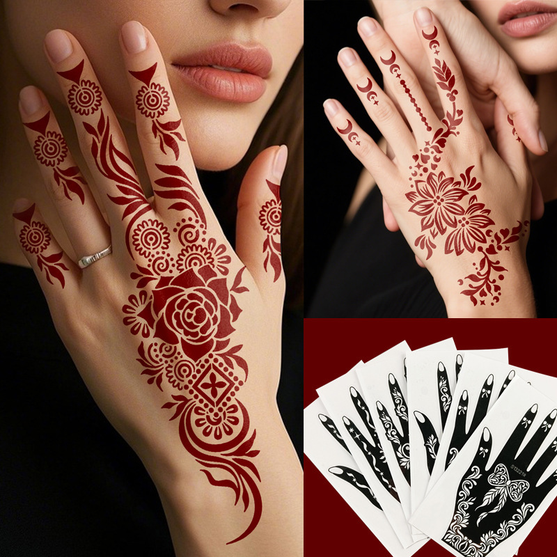 Henna Tattoo Template Red Rose Hand Back Pattern Indian Henna Hand-Painted Tattoo Sticker Template Easy to Draw for Beginners