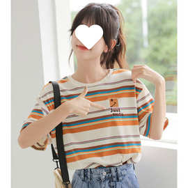 桔蓝撞色春夏新款萌妹子条纹T恤女韩版宽松甜酷短