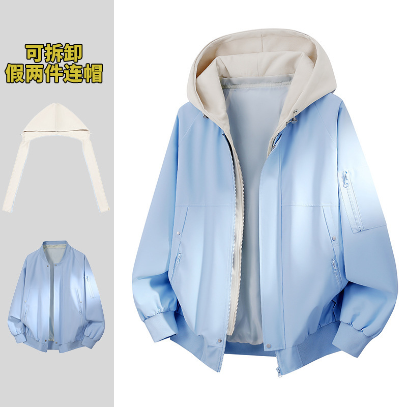 Cross-Border Men's Two-Piece Hooded Jacket, Spring and Autumn Trendy Brand Baseball Jacket, Plain Style with Detachable Hood, Workwear Jacket for Women