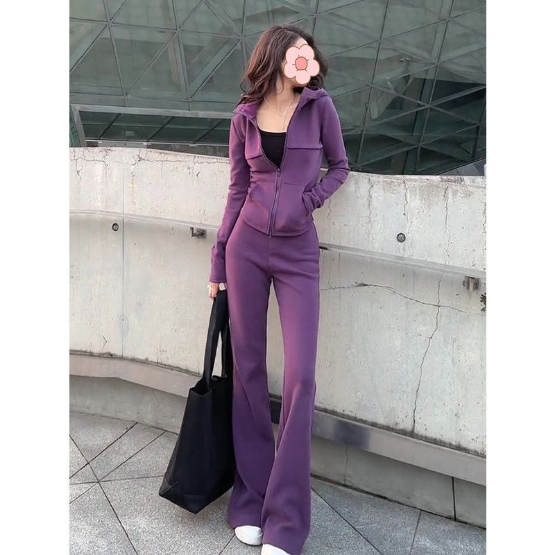 Versatile Hooded Cardigan Sweatshirt Women's Slimming Wide-Leg Pants Two-Piece Set Women's New Fashion Casual Sports Suit
