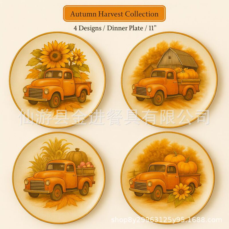 Factory Direct Sales Melamine Retro Farm Truck Autum Pumpkin Sunflower Dinner Plate Thanksgiving Creative Tableware