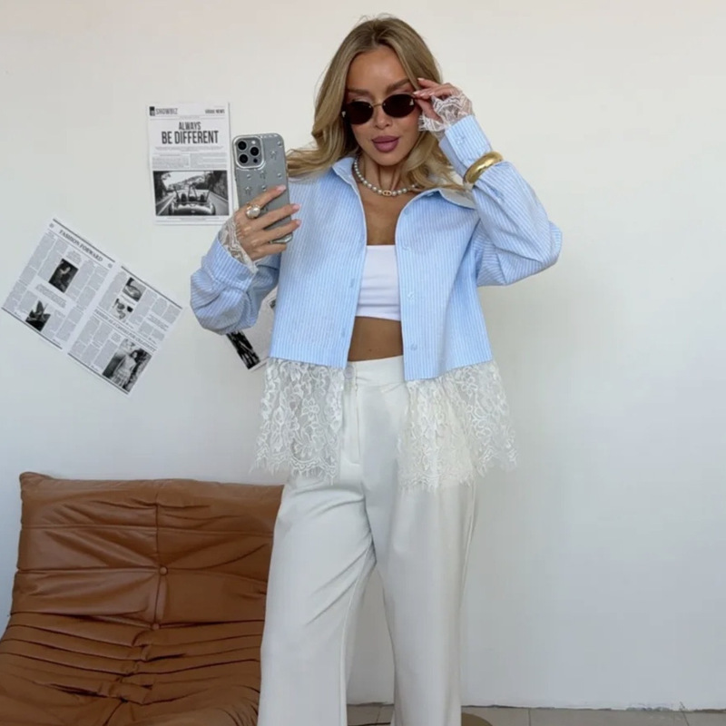 Popular Korean-Style Blue and White Striped Shirt for Women with Lace Tassel Hem Design, Loose Fit, Slimming, Versatile Cardigan Shirt Popular Korean-Style Blue and White Striped Shirt for Women with Lace Tassel Hem Design, Loose Fit, Slimming, Versatile Cardigan Shirt