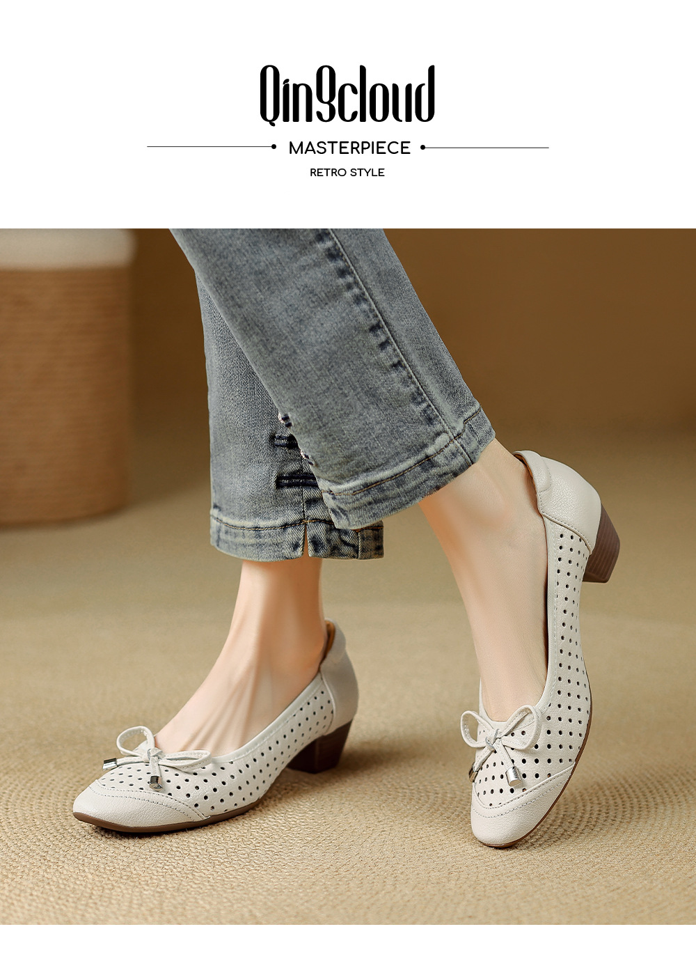 Giày sandal nữ hở mũi gót thấp 3,5 cm, thiết kế đục lỗ thoáng mát, phong cách đơn giản bốn mùa — màu trắng ngà chi tiết 2