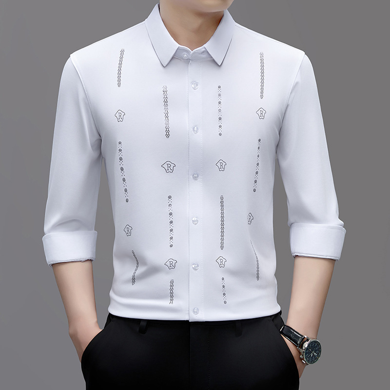 Long-Sleeved Shirt Men's Spring and Autumn Men's Loose Breathable Stretch Printed Shirt Business Casual Middle-Aged Men's Shirt
