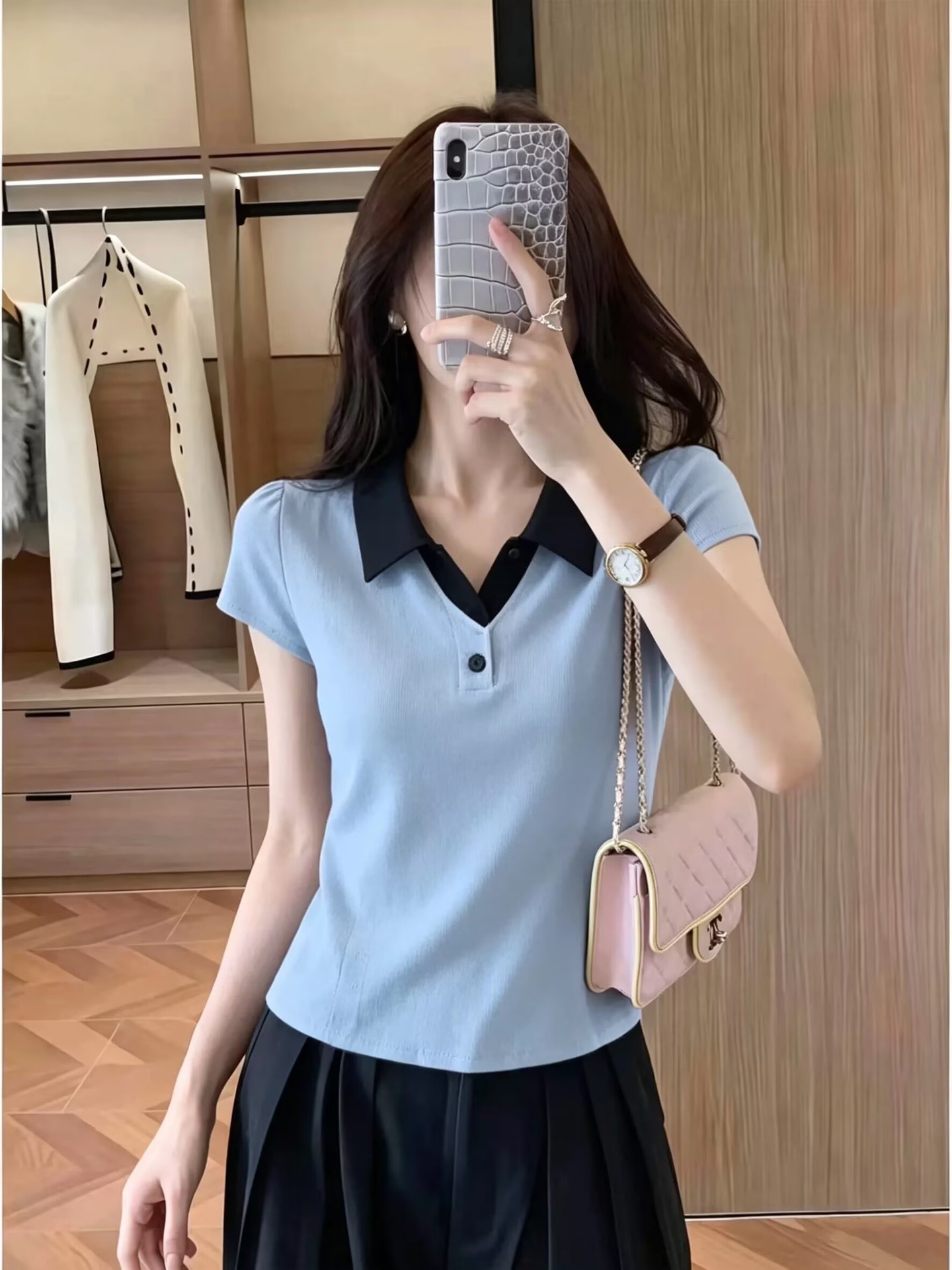 Áo polo nữ tay ngắn cổ lật phối màu phong cách Hàn Quốc — xanh lam