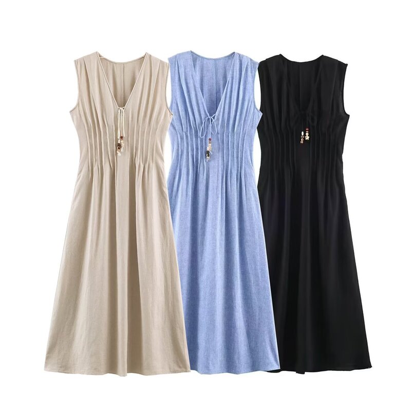 PB&ZA cross-border foreign trade women's clothing V-neck sleeveless zippered beaded tie ruffle long dress 7623709