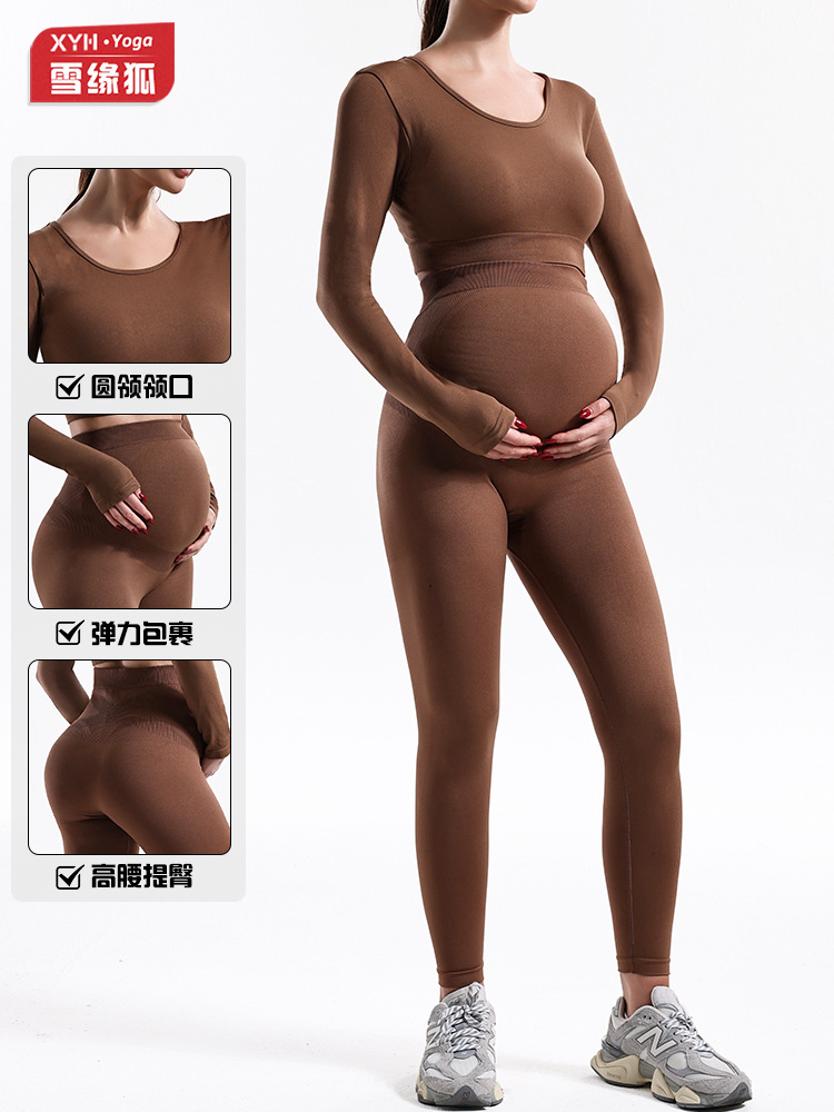 Trajes de embarazo de otoño y invierno transfronterizos para mujeres, pantalones de embarazo de yoga de cintura alta, chaqueta de manga larga de base sólida