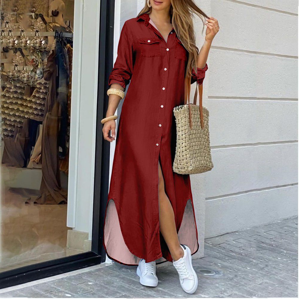 Femmes Jupe Trapèze Mode Refuser Bouton Manche Longue Couleur Unie Maxi Longue Robe Du Quotidien display picture 7